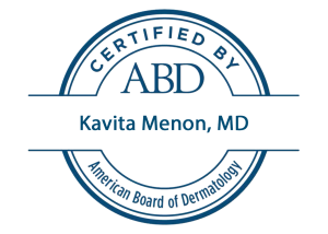 American Board of Dermatology logo with Kavita Menon, MD In the center