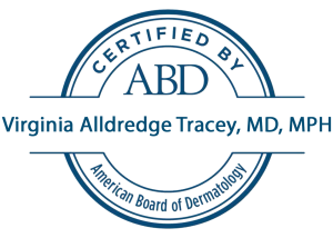 American Board of Dermatology logo with Virginia Alldredge Tracey, MD, MPH In the center